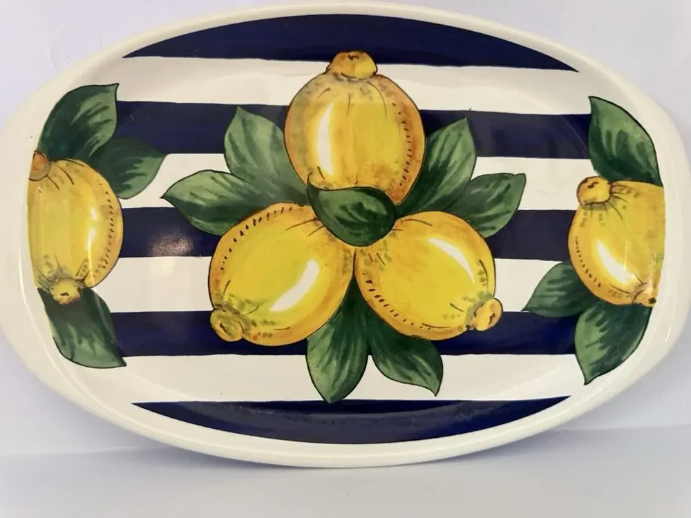 Ceramica Nova Deruta Hand painted Lemons & Stripes Italian Platter 11.5“ X 7.5“